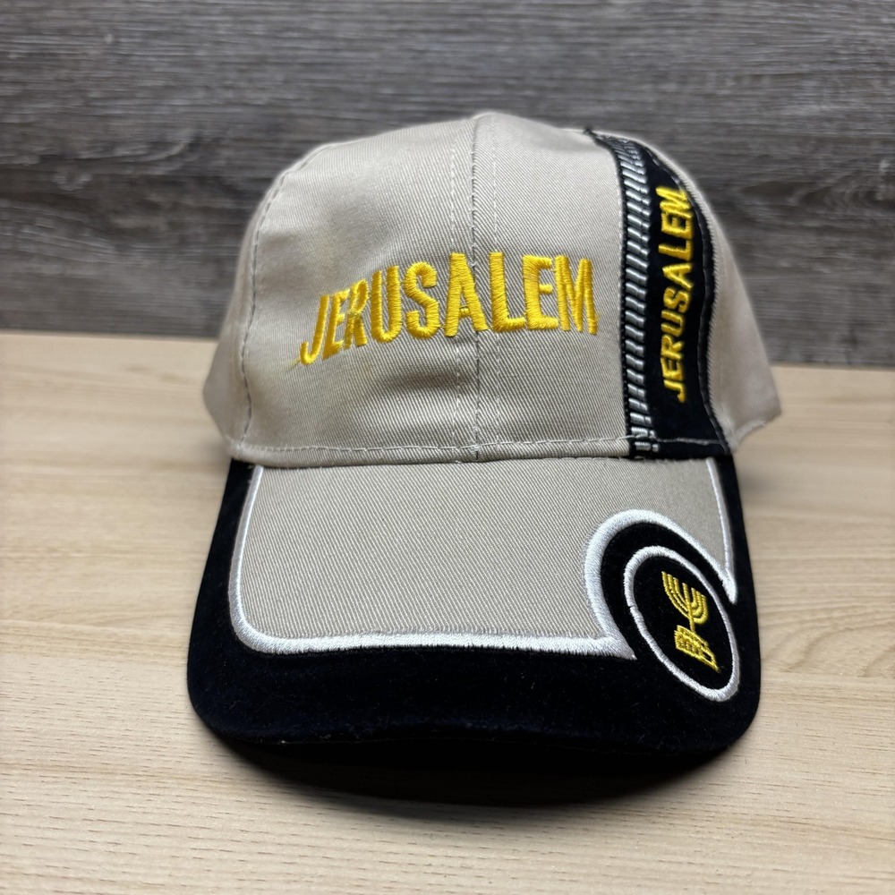 Jerusalem Hat Cap Strap Back Mens Tan Black Embroidered Menorah Israel Souvenir